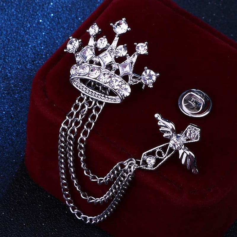 Uarein Cross Crown Long Chain Brooch, Rhinestone Tassel Brooch Pin,Retro Crystal Suit Pins Collar Pin,Coat Tassel Chain Lapel Pins for Men's Suit Accessories - Image 3